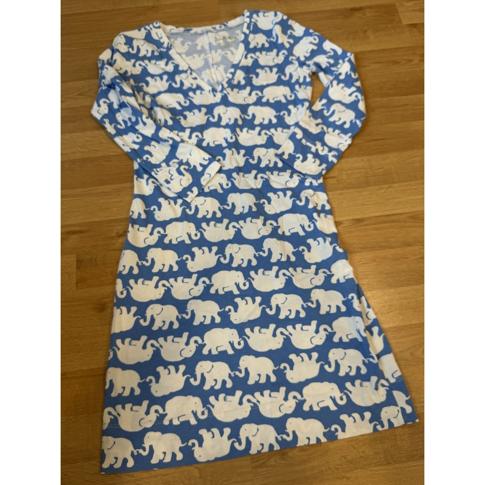 Lilly Pulitzer Blue White Elephant Print V-Neck Long Sleeve Knit Shift Dress